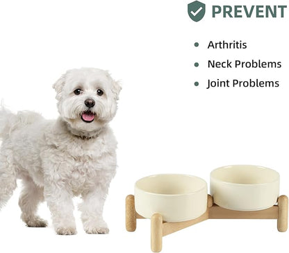 Ceramic 5.1inch Raised Double Bowls Set with Wooden Stand, Elevated Food & Water Bowls for Small Breed Dogs, Cats, Kitty, Weighted Dog Dishes, Pet Bowls(13.5oz, Beige)