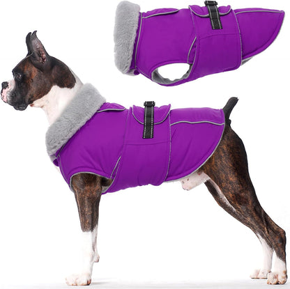 Lelepet Warm Dog Winter Coats for Large Dogs Waterproof Dog Jacket Reflective Pet Fleece Vest Windproof Cold Weather Coats with Adjustable Buckle & Leash Hole, Purple, L