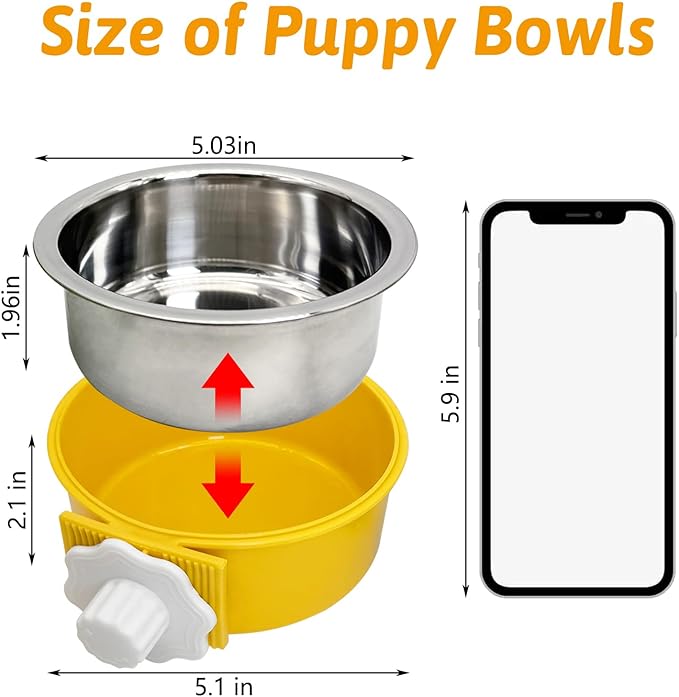 Hamiledyi Crate Dog Bowl Cat - Removable Stainless Steel Hanging No Spill Pet Bowl for Kennels Durable Detachable Design Fits Small Medium Dog Cages (2 Pcs, Yellow