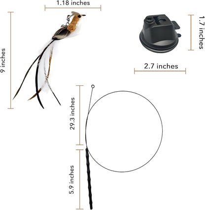 Interactive Suction Cup Cat Toy for Indoor Cat, Long Tail Feather Bird, Spring Wire Suctions to Ground, Hands Free Bird Simulation Cat Toy Wand Set that Sticks to Floor, Feathers & Bells