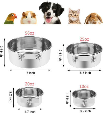 Wontee Pet Food Water Bowl with Clamp Holder Stainless Steel Feeding Cups Feeder for Dog Bird Parrot Cat Rabbit, 2 Packs (L)