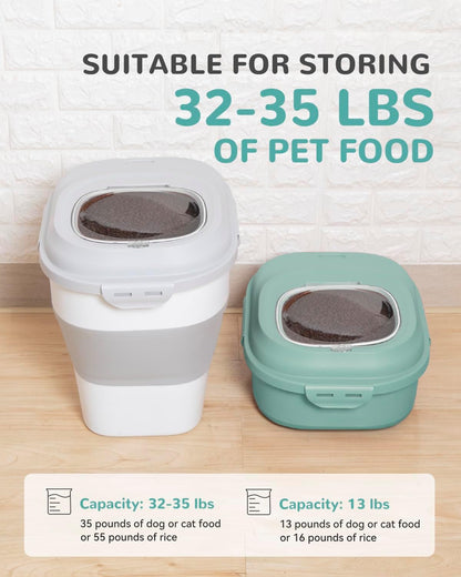 30-35 Lbs Dog Food Storage Container Collapsible Dog Food Container with Airtight Lids, Wheels, Scoop and 2pcs Food Storage Containers, Large Pet food storage for Dog, Cat (Green)