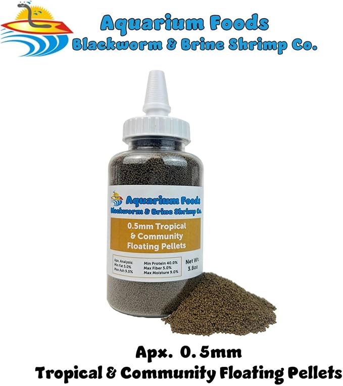 Aquatic Foods Inc. 0.5mm Tropical & Community Fish High Protein Micro Floating Pellets for Baby Cichlids, Bettas, Tetras, Guppies, Baby Koi & Pond Fish…3.5oz Squeeze Bottle