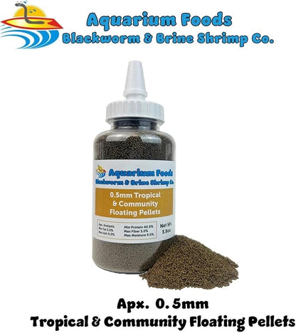 Aquatic Foods Inc. 0.5mm Tropical & Community Fish High Protein Micro Floating Pellets for Baby Cichlids, Bettas, Tetras, Guppies, Baby Koi & Pond Fish…3.5oz Squeeze Bottle