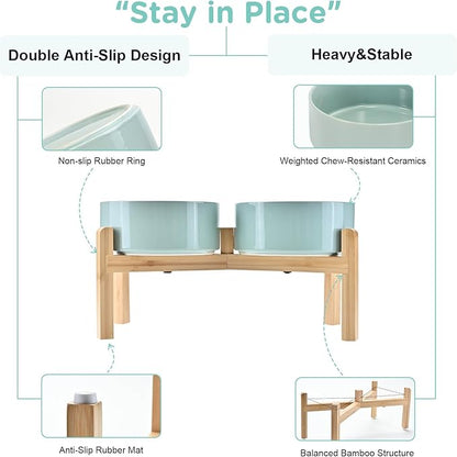SPUNKYJUNKY Elevated Dog Bowls Ceramic, 7.3'' Dogs Food Water Bowls Raised with Non-Slip Bamboo Stand for Medium to Large Sized Breed Microwave Dishwasher Safe - 42 OZ,Light Green