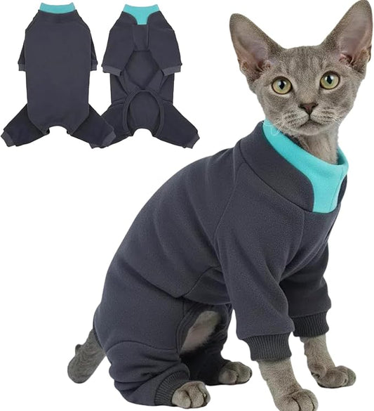 T'CHAQUE Sticky Hair Cat Onesie - Soft Long Sleeve Cat Pajamas, Anti-Shedding,Surgery Recovery Suit, Wound Protection & Preventing Licking, Kitten Sweaters for Male Female, Blue-M