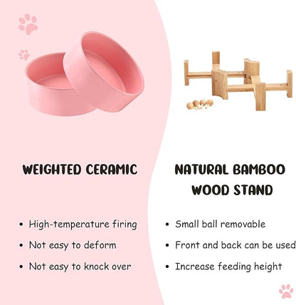 SPUNKYJUNKY 15° Slanted Ceramic Dog and Cat Bowl with Wooden Stand, Tilted Bulldog Food and Water Bowl No Slip Non-Spill for Cats Medium Dogs Big Face Pets 13.5 OZ (1.7 Cups, Pink × 2)