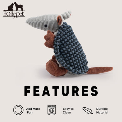 Hollypet Plush Dog Squeaky Toy Stuffed Armadillo Animal Pet Puppy Chew Toys with Clean Teeth for Small Medium Large All Breed Sizes Dogs, Dark Gray and Light Gray,8 in
