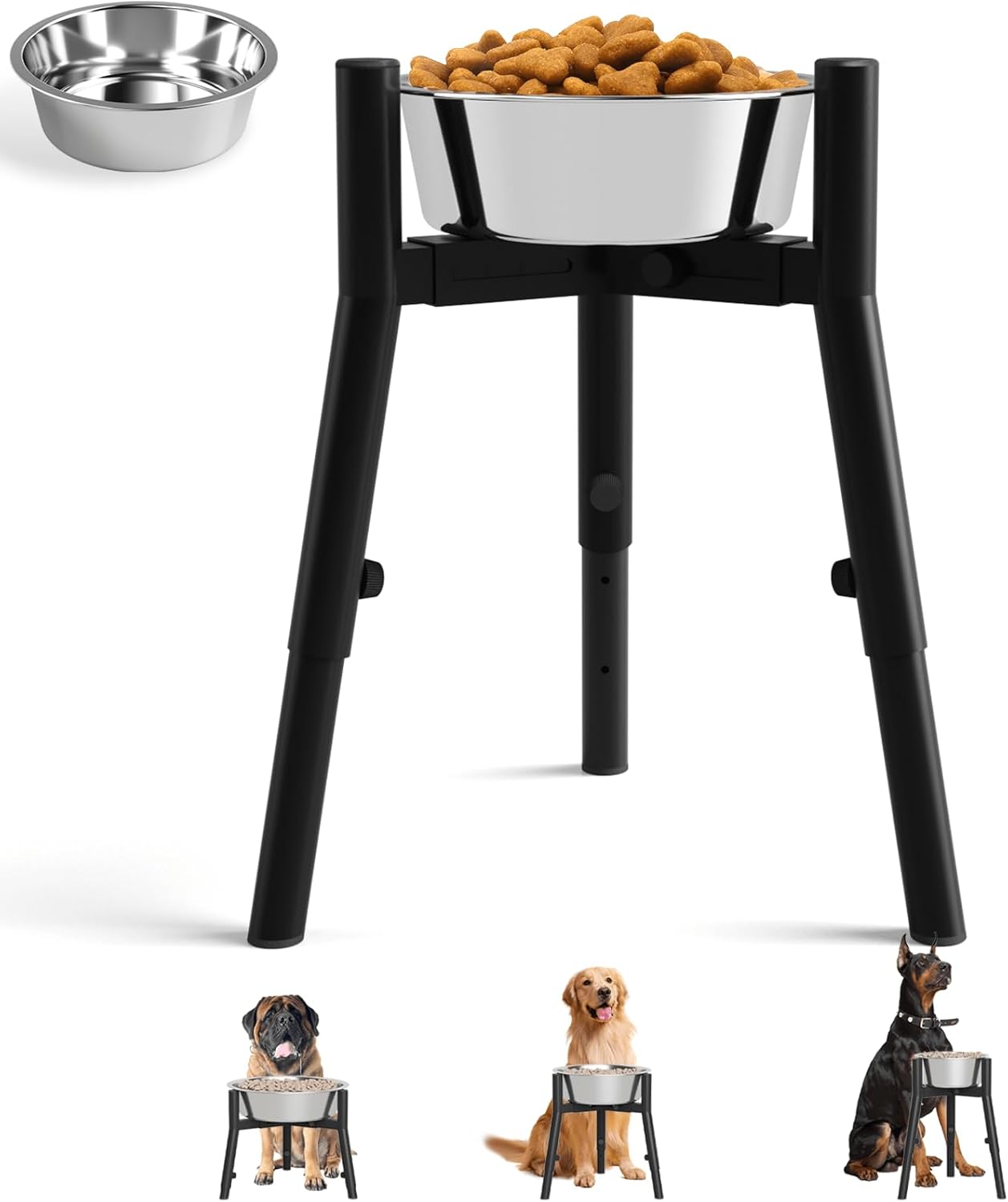 Dog Bowl with Stand for Large Dogs - Includes 61oz Bowls, Adjustable Height & Width Raised Dog Bowl Stand, Single Elevated Food Water Stand, 3 Height Adjust Holder