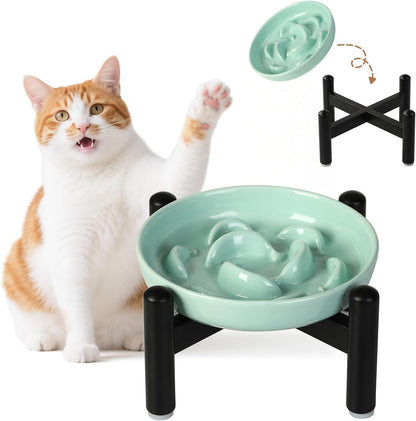 Elevated Slow Feeder Cat Bowl - Ceramic Cat Food Dish with Anti-Slip Stainless Steel Stand - Raised Maze Plate for Slow Eating - Mint Green