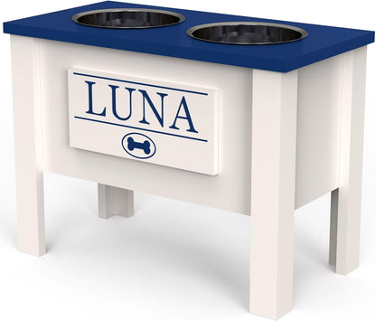 GrooveThis Woodshop - Personalized Elevated Dog Bowl Stand for Large, Medium, Small, X-Small Dogs - Stainless Steel Food and Water Bowls - Raised Dog Dish (X-Large, Blue)
