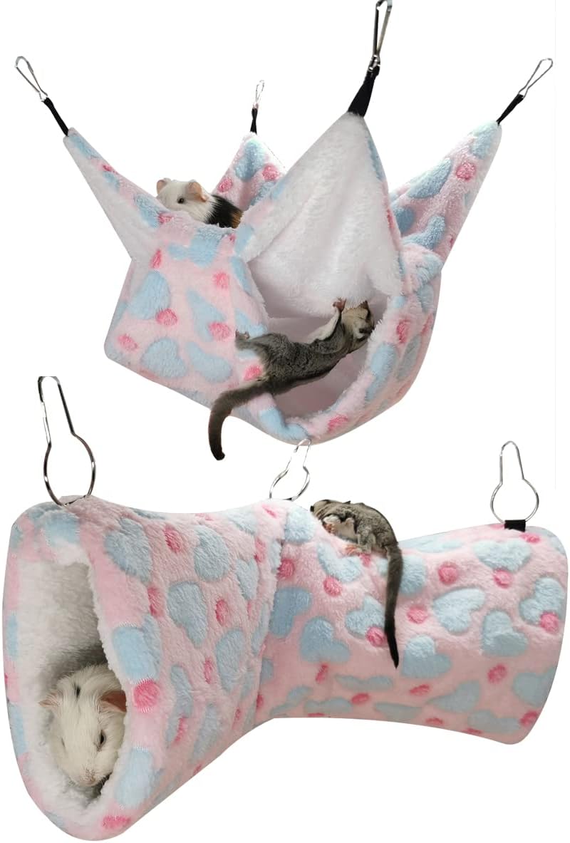 LEFTSTARER Guinea Pig Ferret Rat Hammock Toy Set - Small Animal Cage Accessories Hideout Tunnel & Bunkbed for Rat Ferret Guinea Pig Hamster Sugar Glider Chinchilla (Heart-Pink)