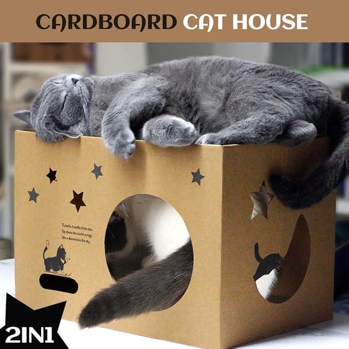 Cat Cardboard House with 2 PCS Scratching Pads，Large Cat Scratcher Bed Cat Scratchers Lounge for Indoor Cats with Corrugated Board Detachable Cat Scratcher Box for Cats.(Star)