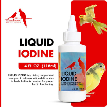 Morning Bird Liquid Iodine for Birds 4 fl. oz – Iodine Drops for Feather Growth, Support Molting, Energy & Thyroid – Easy-to-Use Mineral Supplement Formula for All Bird Types