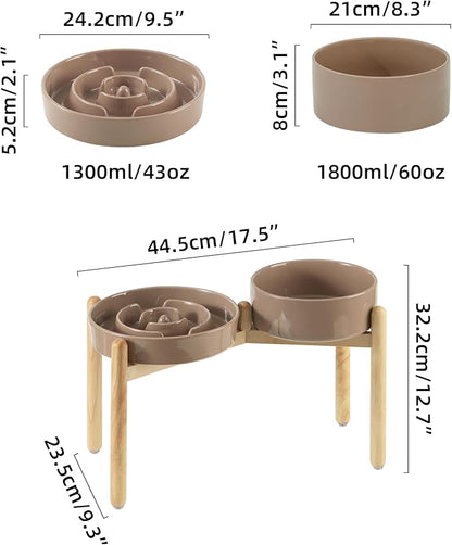 Ceramic Raised Slow Feeder Dog Bowl Set, Elevated 8.2inch Bowl and 9.5inch Puzzle Slow Food Dish with Wooden Stand for Large Dog, Anti-Gulping (2X Brown Coffee+ Stand)
