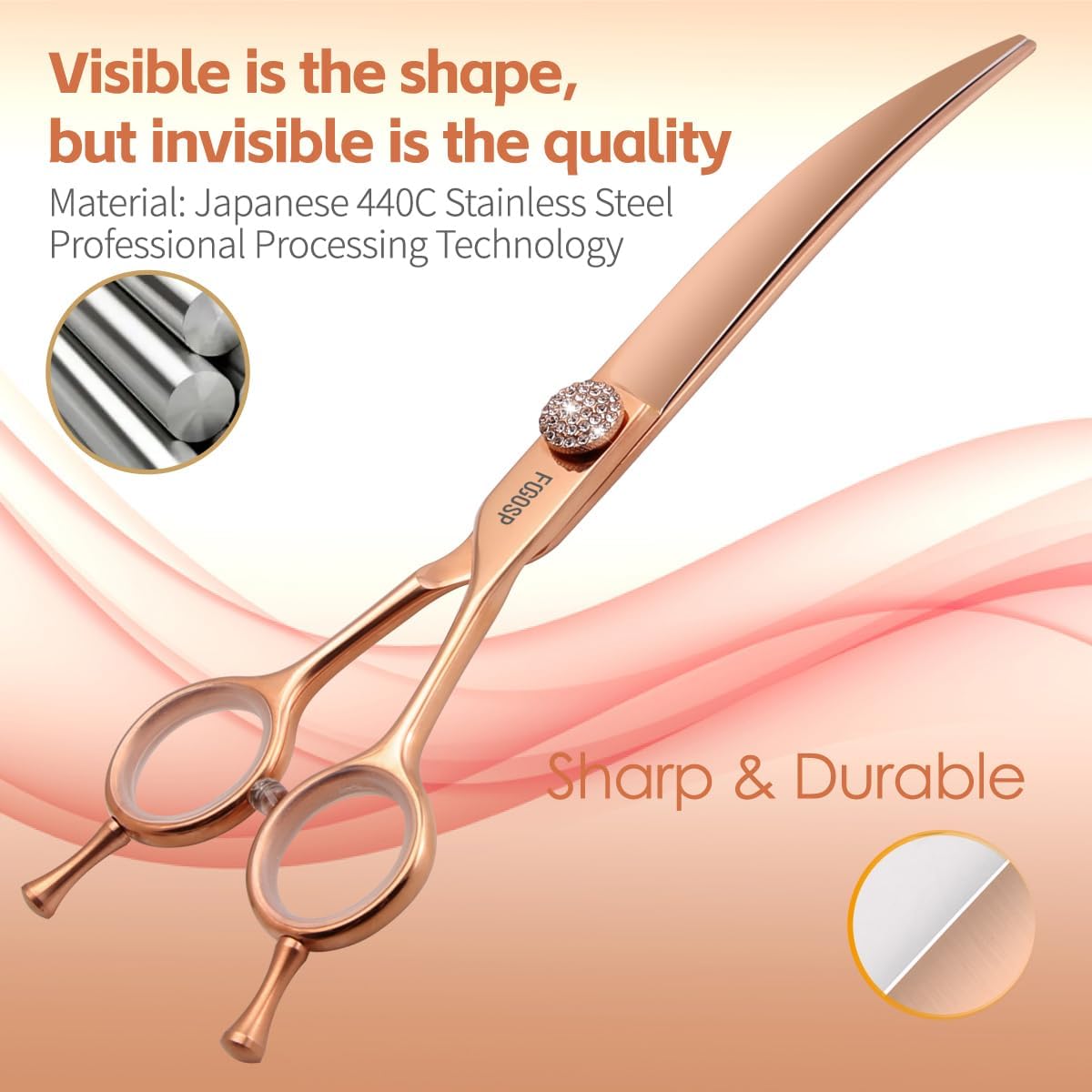 Rose Gold Titanium Curved Dog Grooming Scissors Reverse 7'' Downward 30° with Jewelled Screw Japan 440C Professional Pet Grooming Trimming Shears for Dogs Suzhi Teddy(7,Curved)