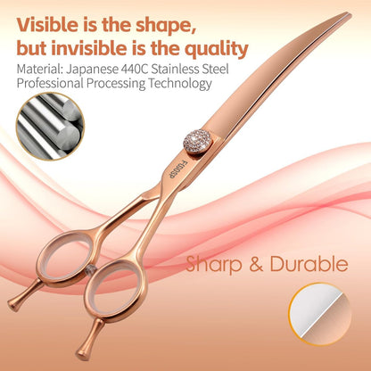 Rose Gold Titanium Curved Dog Grooming Scissors Reverse 7.5'' Downward 30° with Jewelled Screw Japan 440C Professional Pet Grooming Trimming Shears for Dogs Suzhi Teddy(7.5,Curved)