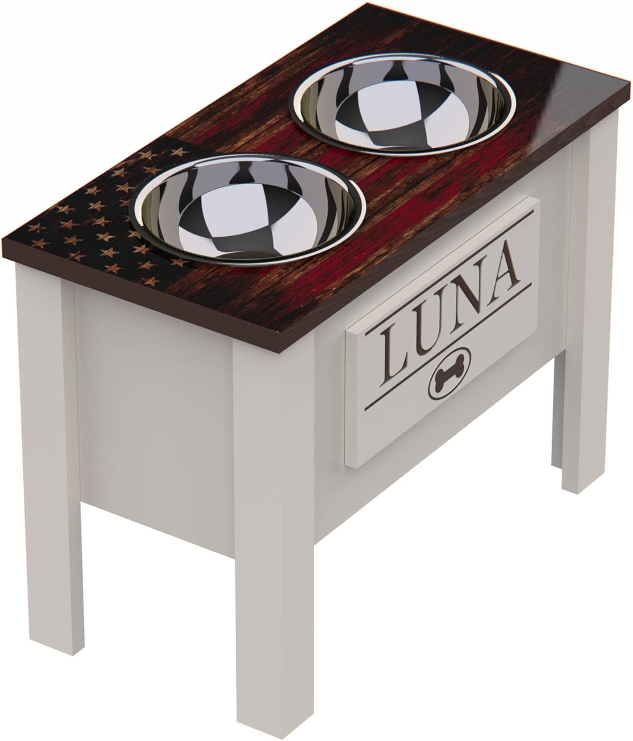 GrooveThis Woodshop - Personalized Elevated Dog Bowl Stand for Large, Medium, Small, X-Small Dogs - Stainless Steel Food and Water Bowls - Raised Dog Dish (X-Large, Flag Design)
