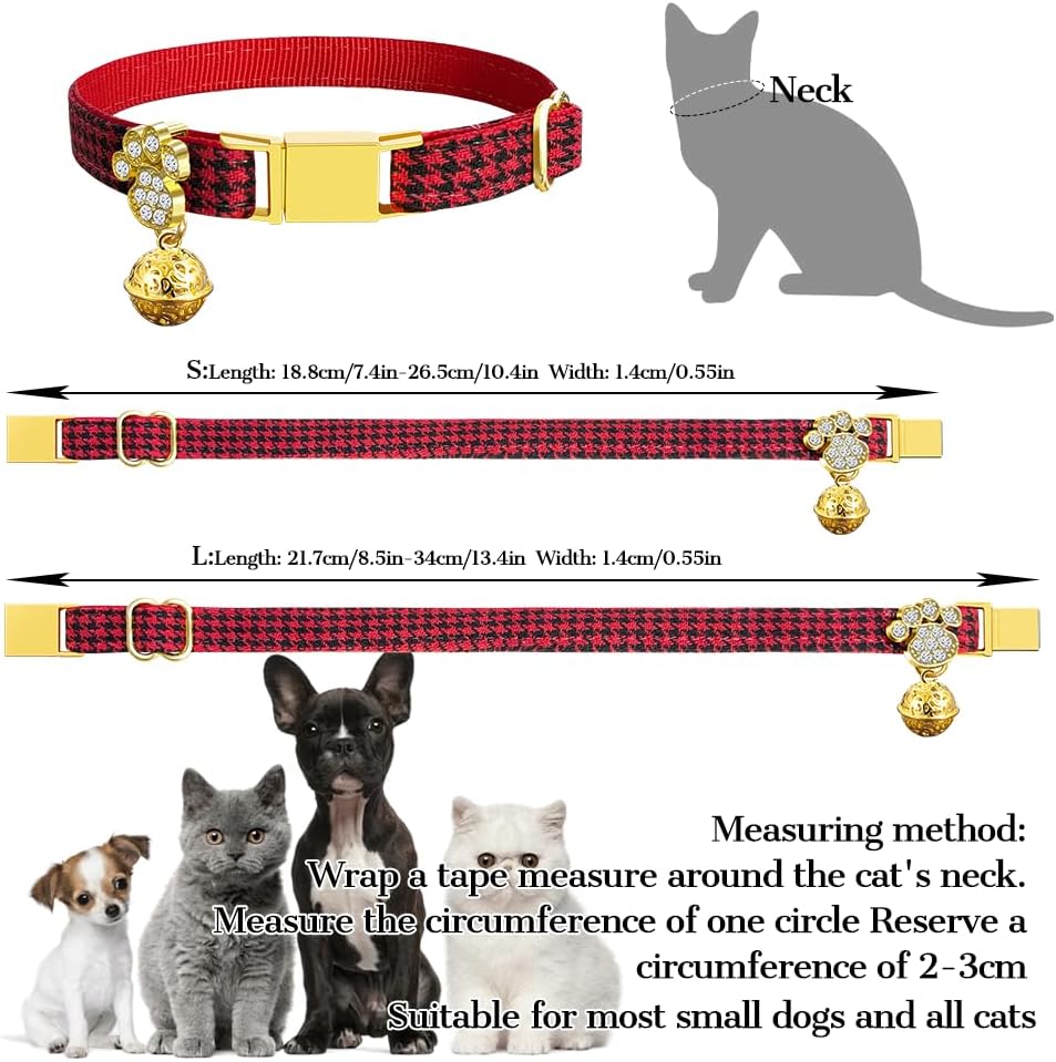 Personalized Breakaway Cat Collars - Magnetic Buckle, Bell - Safety Quick Release, Customized for Girls & Boys Cats- (Houndstooth-Red)
