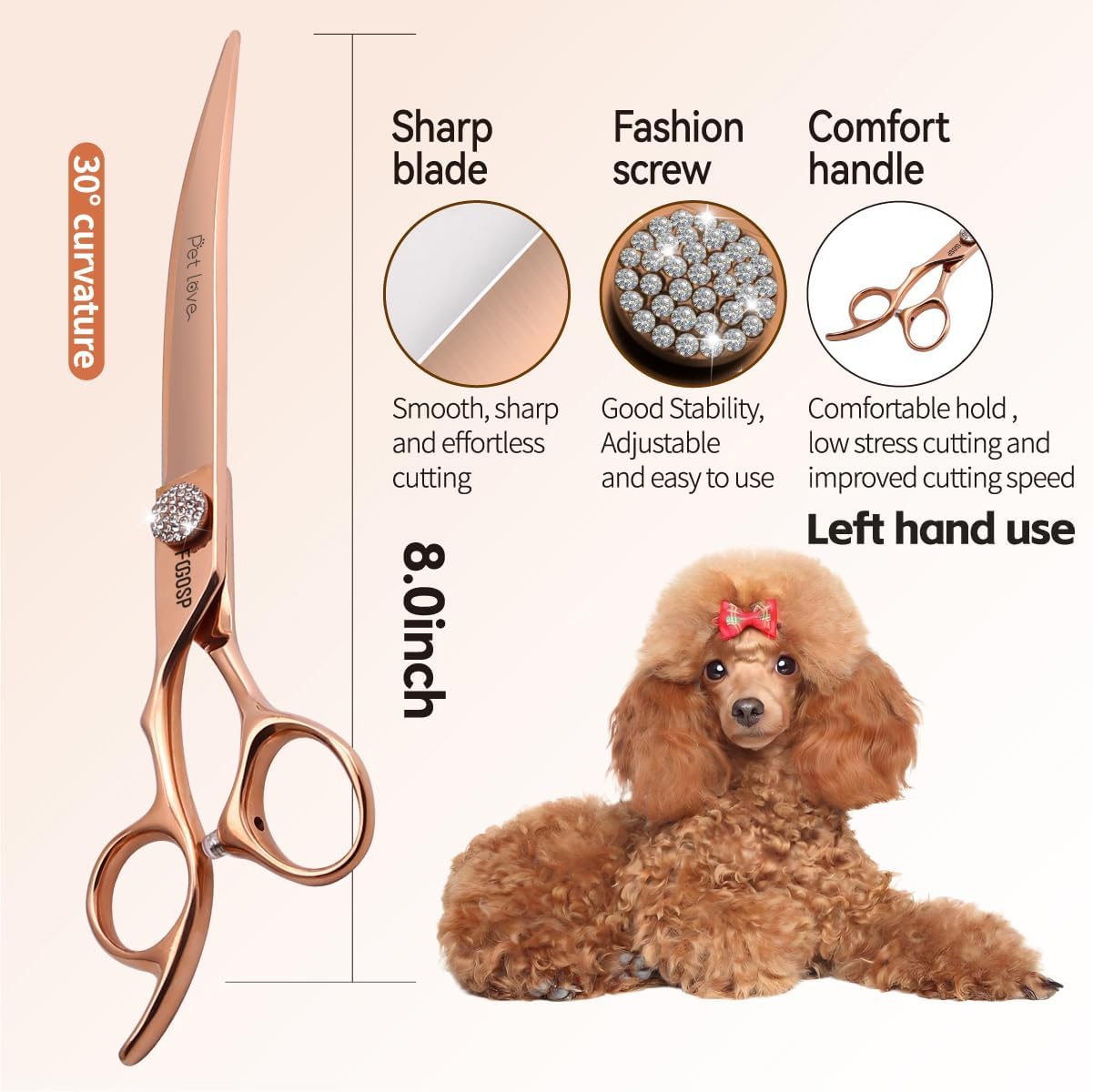 Professional Left Handed Curved Dog Grooming Scissors 8'' Downward 30° Rose Gold Titanium Japan 440C Pet Grooming Trimming Shears for Large Dog Poodle(8,Curved)
