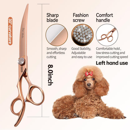 Professional Left Handed Curved Dog Grooming Scissors 8'' Downward 30° Rose Gold Titanium Japan 440C Pet Grooming Trimming Shears for Large Dog Poodle(8,Curved)