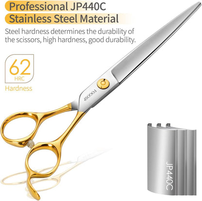 Professional Dog Grooming Scissors Straight 7" Pet Grooming Shears for Cutting Small Dogs Cat Thick Hair Japan 440C Stainless Steel Right Handed(7 in Straight, Gold)