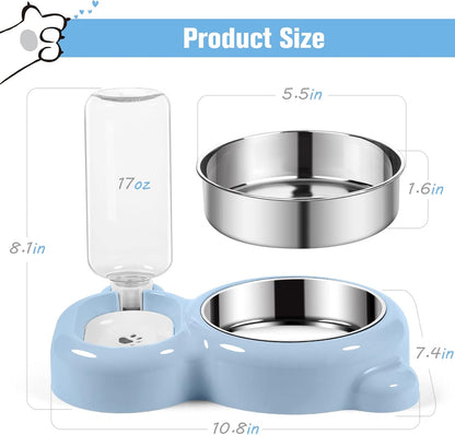 Dog Bowls, Cat Food and Water Bowl Set with Water Dispenser and Stainless Steel Bowl for Cats and Small Dogs - Light Blue