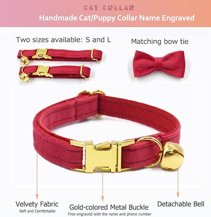 Personalized Cat Collar with Engraved Name and Phone Number - Customizable Kitten Collars for Boys and Girls (Velvet)