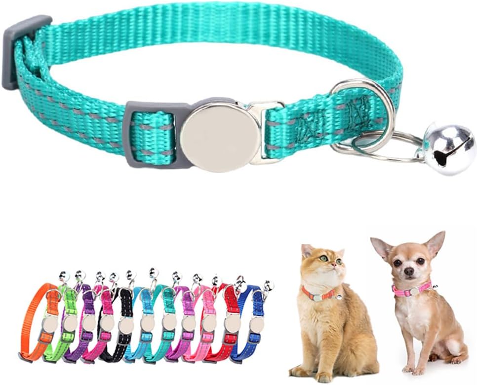 Teal Cat Collars with Bell, Reflective Soft Nylon Breakaway Kitten Collar with Bells, Break Away Puppy Collars for Xs Small Boy Male Dogs, Neck 7-11 Inch