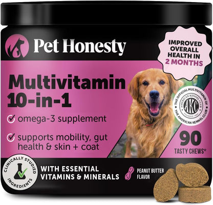Multivitamin Dog Supplement, Glucosamine chondroitin for Dogs, Probiotics, Omega Fish Oil, Dog Supplements & Vitamins, Vitamins for Skin and Coat Allergies, (Peanut Butter 90 ct)