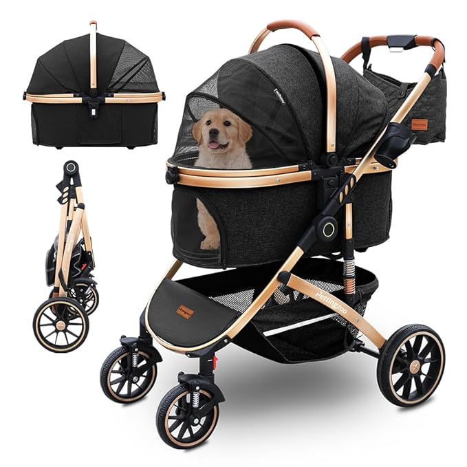 Pettingzoo Dog stroller with 4 Wheels, Folding Cat Stroller for Small/Medium/Large dogs & cats to 60 lbs, pet stroller with removable carrier, Storage Basket,Cup Holder,3 in1 Multifunctiona Detachable