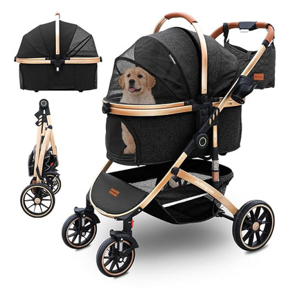Pettingzoo Dog stroller with 4 Wheels, Folding Cat Stroller for Small/Medium/Large dogs & cats to 60 lbs, pet stroller with removable carrier, Storage Basket,Cup Holder,3 in1 Multifunctiona Detachable