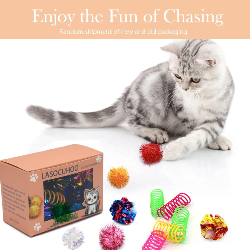 LASOCUHOO Cat Toys, 30 Packs Interactive Cat Toy Pack Including Cat Crinkle Balls, Cat Sparkle Balls, Spiral Springs for Most Cats