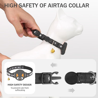 Airtag Cat Collar Breakaway, Reflective Kitten Collar with Apple Air Tag Holder and Bell for Girl Boy Cats, Lightweight Cat Collars for Apple AirTag, Hidden GPS Tracker Holder for Cats, Black (9-13")