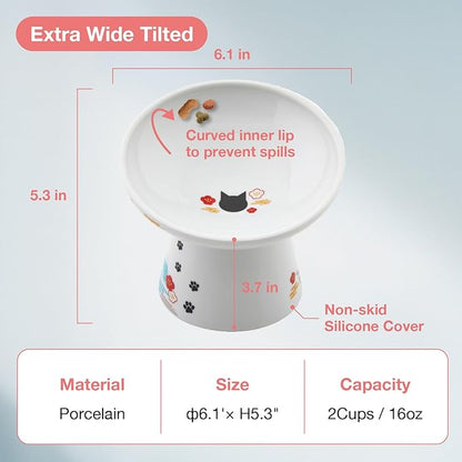 Necoichi Raised Cat Food Bowl – Ceramic Elevated 15° Tilted Cat Bowl for Whisker & Neck Fatigue, Dishwasher Microwave Safe – Non-Slip & Anti Vomiting Ergonomic Design (Fuji, Extra Wide Tilted)
