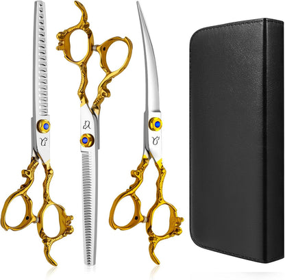 Dog Grooming Scissors,Thinning Shear Chunkers Shears and Curved scissors with Safety Round Tips,Sharp 3 in 1 Dog Scissors for Grooming