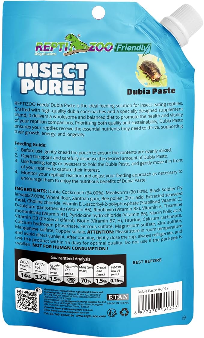 Crested Gecko Food Insect Puree, Dubia Paste Reptile Food Made with Fresh Insects 2.82oz