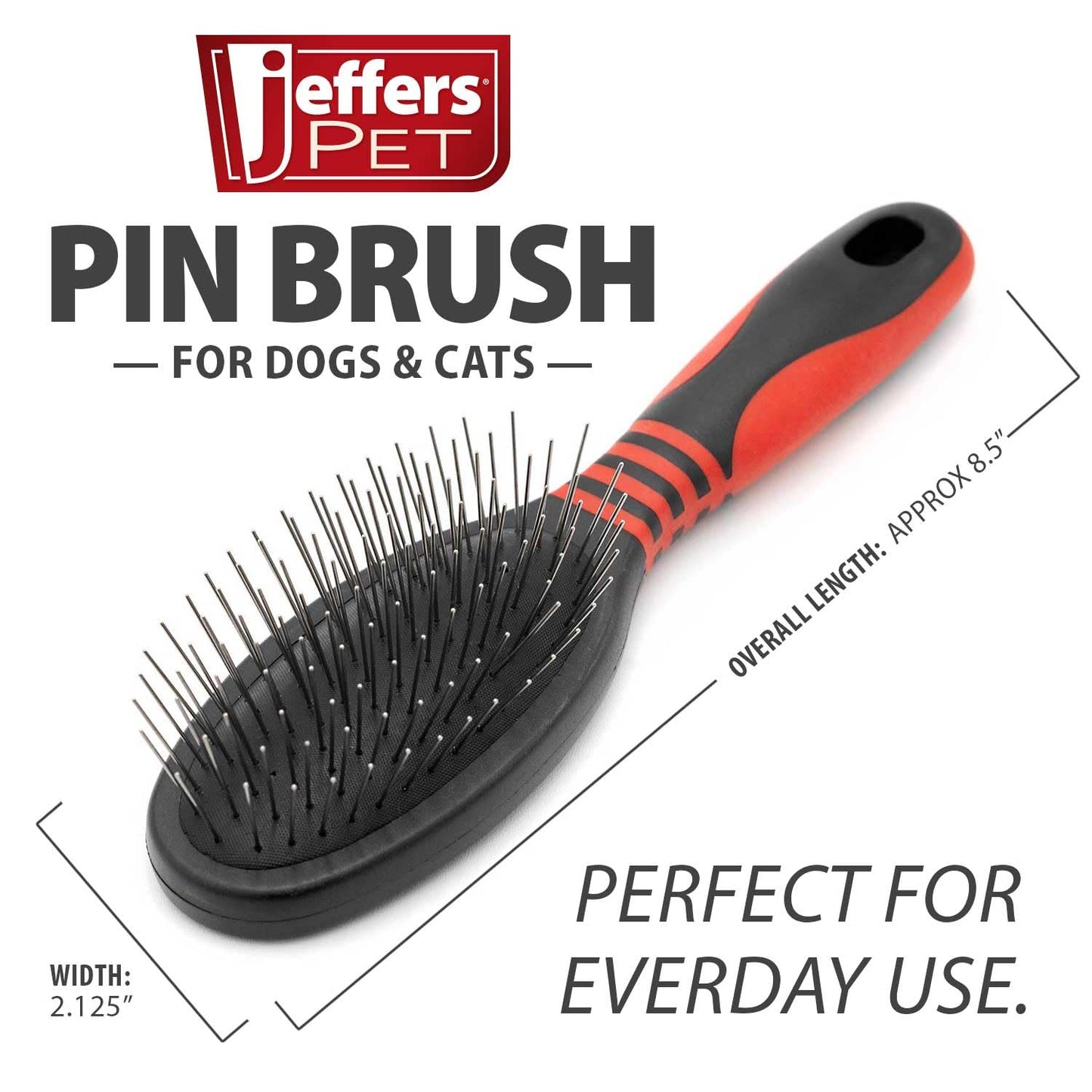 Jeffers Pet Single Sided Pin Brush - Grooming Tool for Dogs, Cats, Small Animals, Pin Brush for Detangling & Nylon Bristles for Smooth Finish, Ergonomic Handle, Perfect for Medium to Long Coats