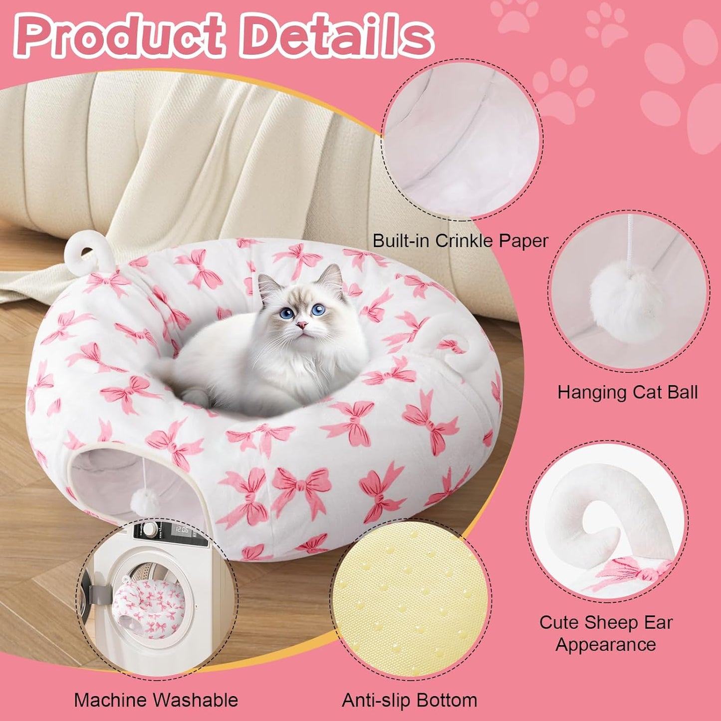 Cat Tunnel with Cat Bed for Indoor Cats, Under Christmas Tree Cute Kitten Donut Tunnel with Washable Cushion, Peekaboo Cat Cave Toy for Kitten Puppy Rabbit, Pink Pattern