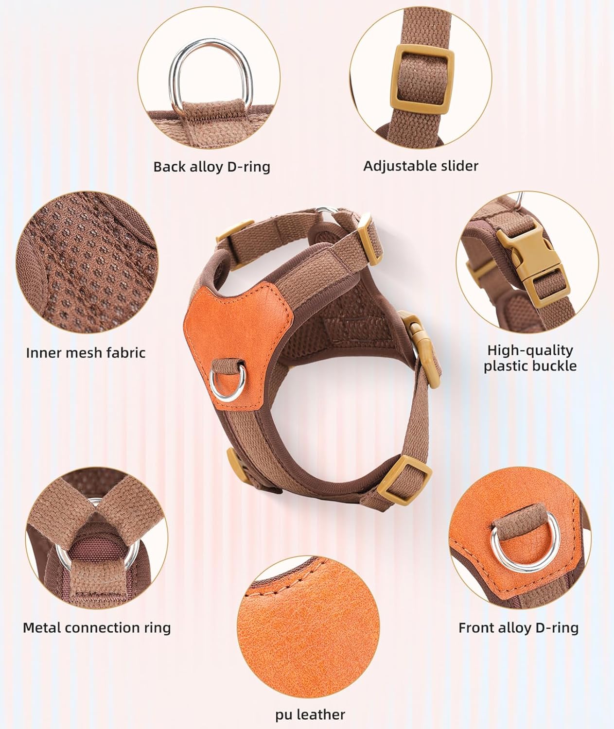 Brown Medium No Pull Dog Harness for Small Dogs, Anti-Escape Easy Walk Puppy Harness with 2 Leash Clips, Adjustable Dog Vest Harness for Training Walking(Brown, M)