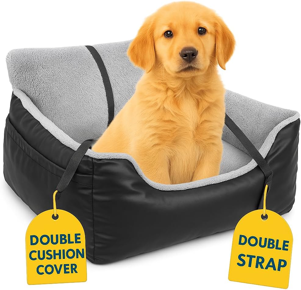 JOTADE Dog Car Seat –Washable Pet Travel Carrier for Car Safety and Comfort – Secure Double Strap Design with Removable Double Cushion Cover