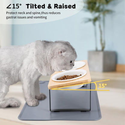 Elevated Whisker Friendly Cat Bowls, 15 Tilted Stand Anti Vomiting Raised Dishes for Food and Water, Ceramic Bowls for Cats and Puppy,Bamboo