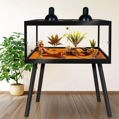 Prolee Bearded Dragon Tank with Leg Stand,Wooden Lizard Tank,Reptile Tank with Metal Mesh Roof Door, Acrylic Panel Snake Tank with Lock Design (Black, 48"x20"x20")