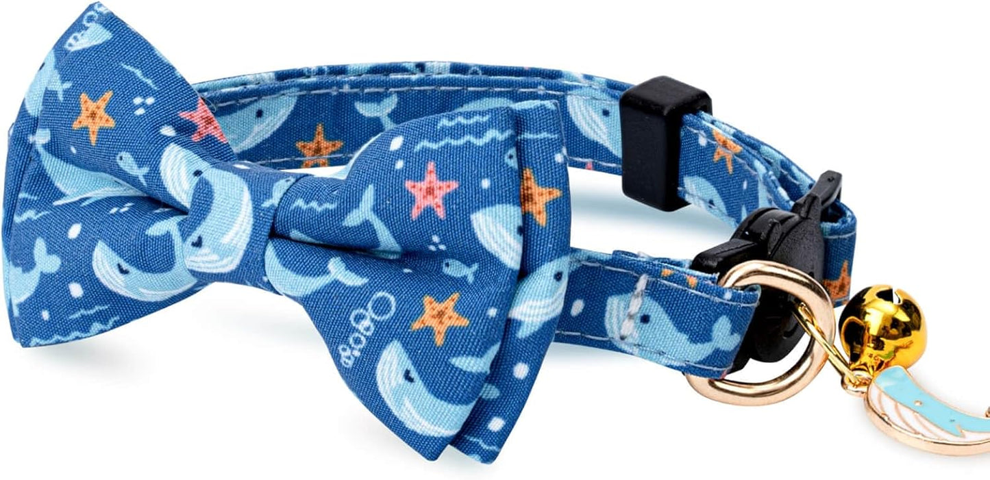 2 Pack Cotton Cat Collar with Bow Tie and Bell for Girl Boy Cats,Cute Pink Flamingo and Blue Whale Pattern Spring Summer Breakaway Cat Collar for Male Female Cats (Flamingo&Whale)