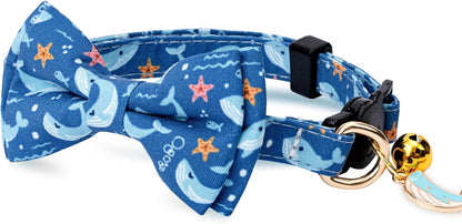 2 Pack Cotton Cat Collar with Bow Tie and Bell for Girl Boy Cats,Cute Pink Flamingo and Blue Whale Pattern Spring Summer Breakaway Cat Collar for Male Female Cats (Flamingo&Whale)