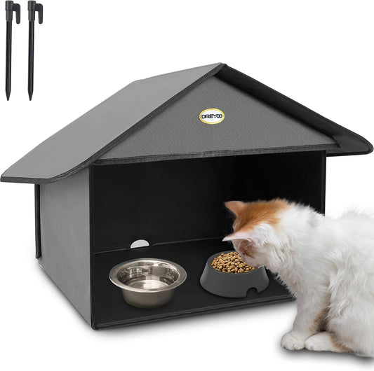 Dreyoo 1 Pack Outdoor Cat Feeding Station for Food & Water, Weatherproof Outdoor Kitty Dining Room Cat Shelter for Stray, Feral Cats and Community Cats, 13”d x 17”w x 15.5'h (Dark Grey)