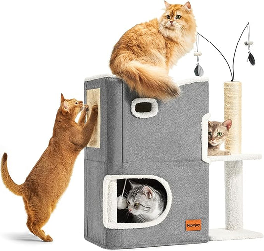 Cat Bed Cave for Indoor Cats with Scratch Pad Cat House Condo Adults with Fluffy Ball Cats Hideaway Large 2-Storey Cube Beds for Pets Grey