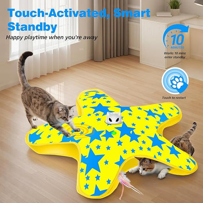 Rechargeable Interactive Cat Toys, Automatic Cat Toy for Indoor Cats, Durable Hide and Seek Cat Toy with Moving Concealed Feathers, Touch Activated Kitten Toys Cat Exercise Toys, Yellow Blue Cover