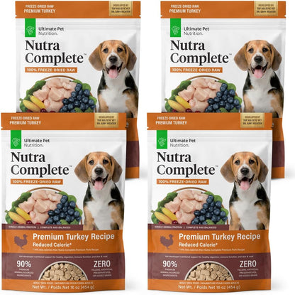 ULTIMATE PET NUTRITION Nutra Complete, 100% Freeze Dried Veterinarian Formulated Raw Dog Food with Antioxidants Prebiotics and Amino Acids, (1 Pound (Pack of 4), Turkey)