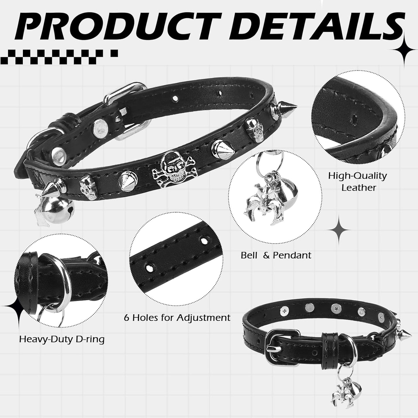 EXPAWLORER Halloween Cat Collar for Girl Boy- Adjustable Leather Pet Collar with Safety Elastic Belt,Personalized Punk Accessories Buckle Collars with Bell & Durable D-Ring, Rivet (Black)
